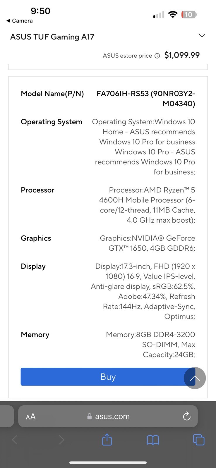ASUS TUF Gaming F17 17.3” (512GB SSD Intel Core i5-11260H 2.6GHz 8GB RAM)…
