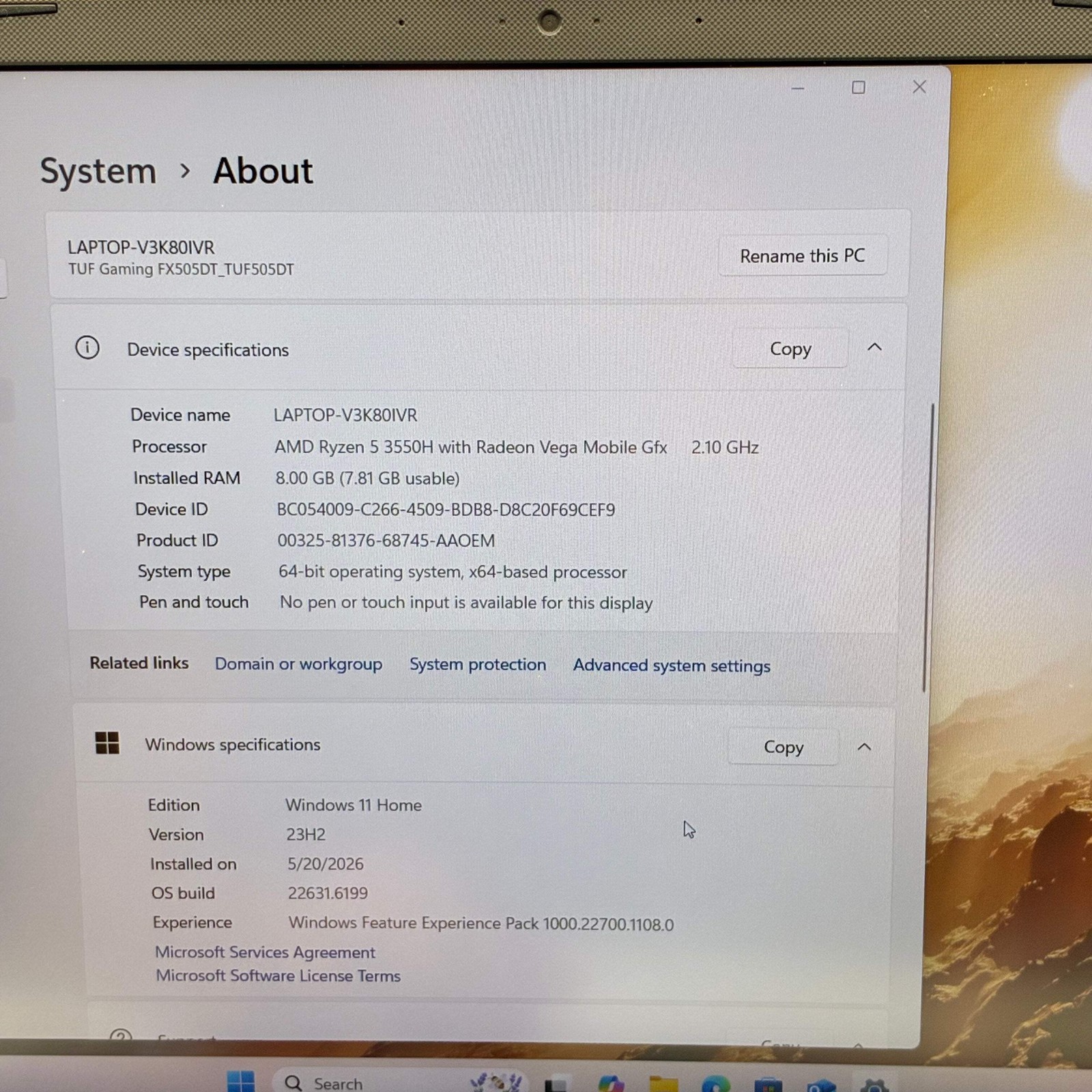 Asus TUF505D 15.6 inch Laptop AMD Ryzen 5 8GB 512GB