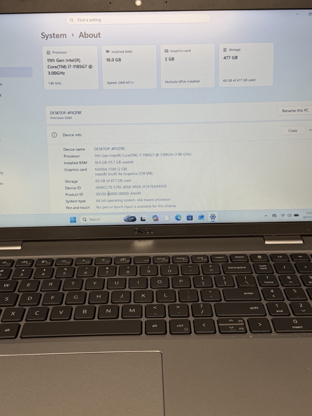 Dell Precision 3560 i7-1185G7 3.0GHz 16GB 512GB M.2 Nvi. T500 Windows 11.