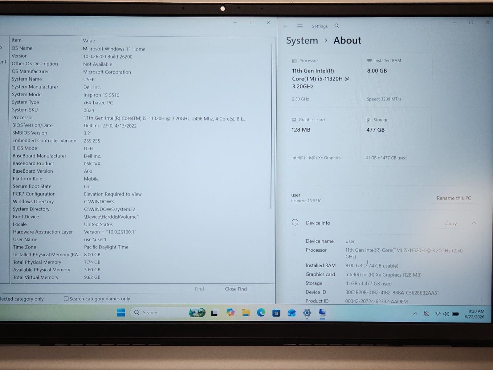 Dell Inspiron 15 5510 i5-11320H 3.20Ghz 8GB RAM 512GB SSD WIN 11 PRO + AC