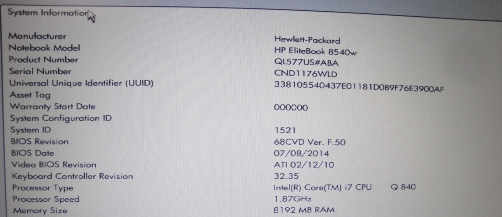 HP EliteBook 8540W Core i7 Quad 1.87 8GB 256Gb SSD Radeon M5800 DVD FHD Win10