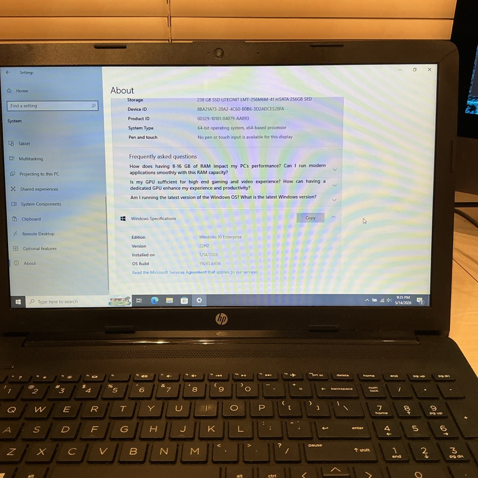 HP Notebook 15-db0xxx 14″ AMD A4-9125 8G RAM 256GB SSD Radeon R3 – Windows 10