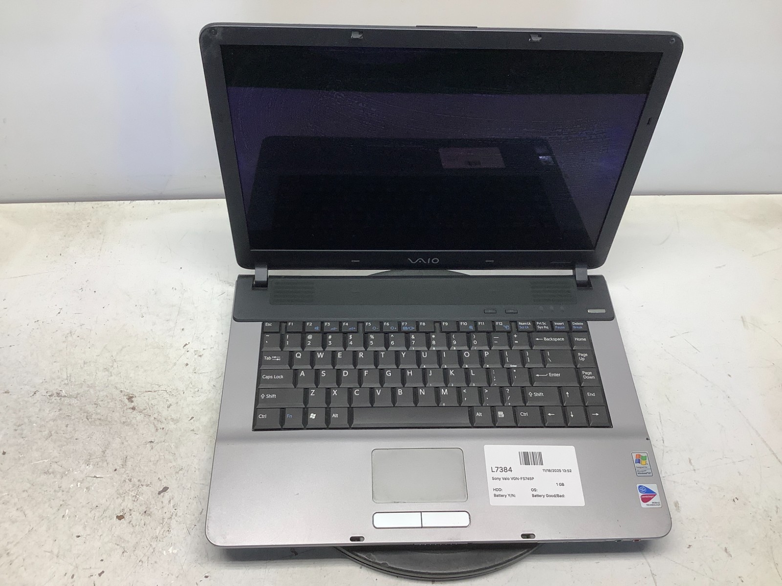 Sony Vaio VGN-FS745P Intel Pentium M 1.5GHz 1 GB NO HDD