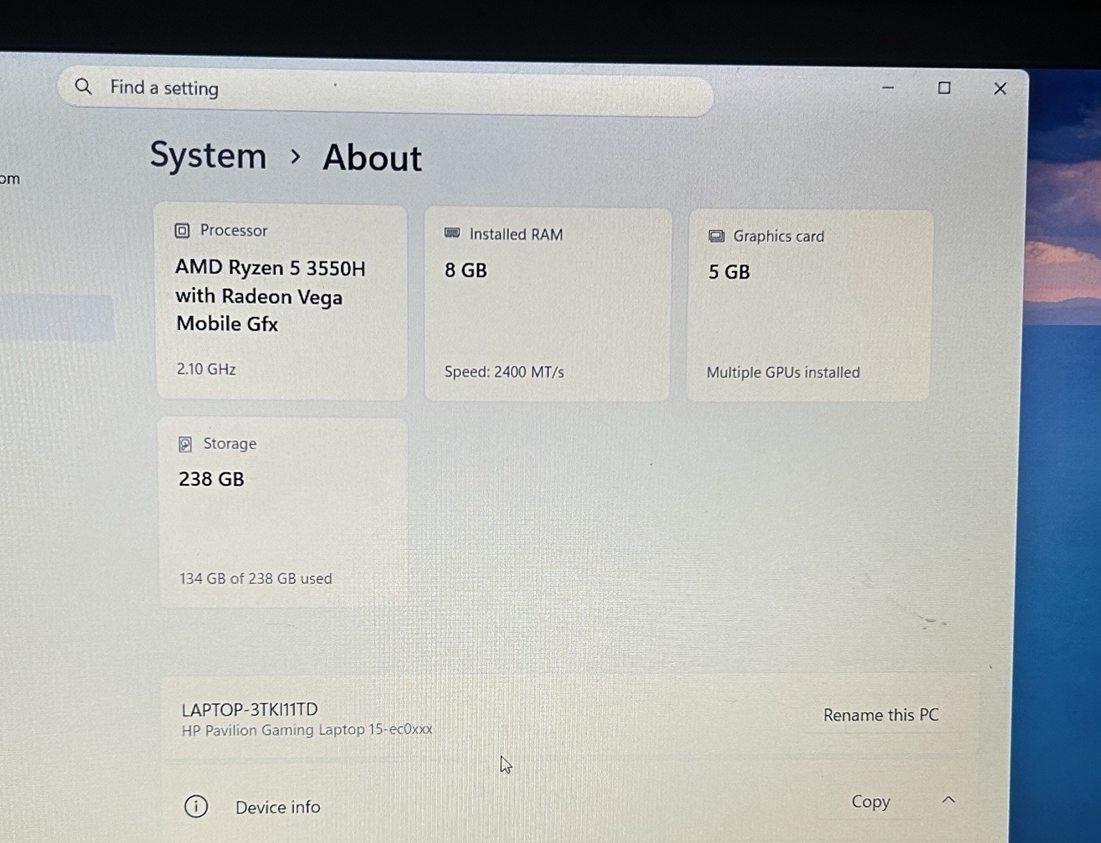 HP Pavilion Gaming Laptop 15-ec0xxx AMD Ryzen 5 8GB 256GB SSD GTX 1050