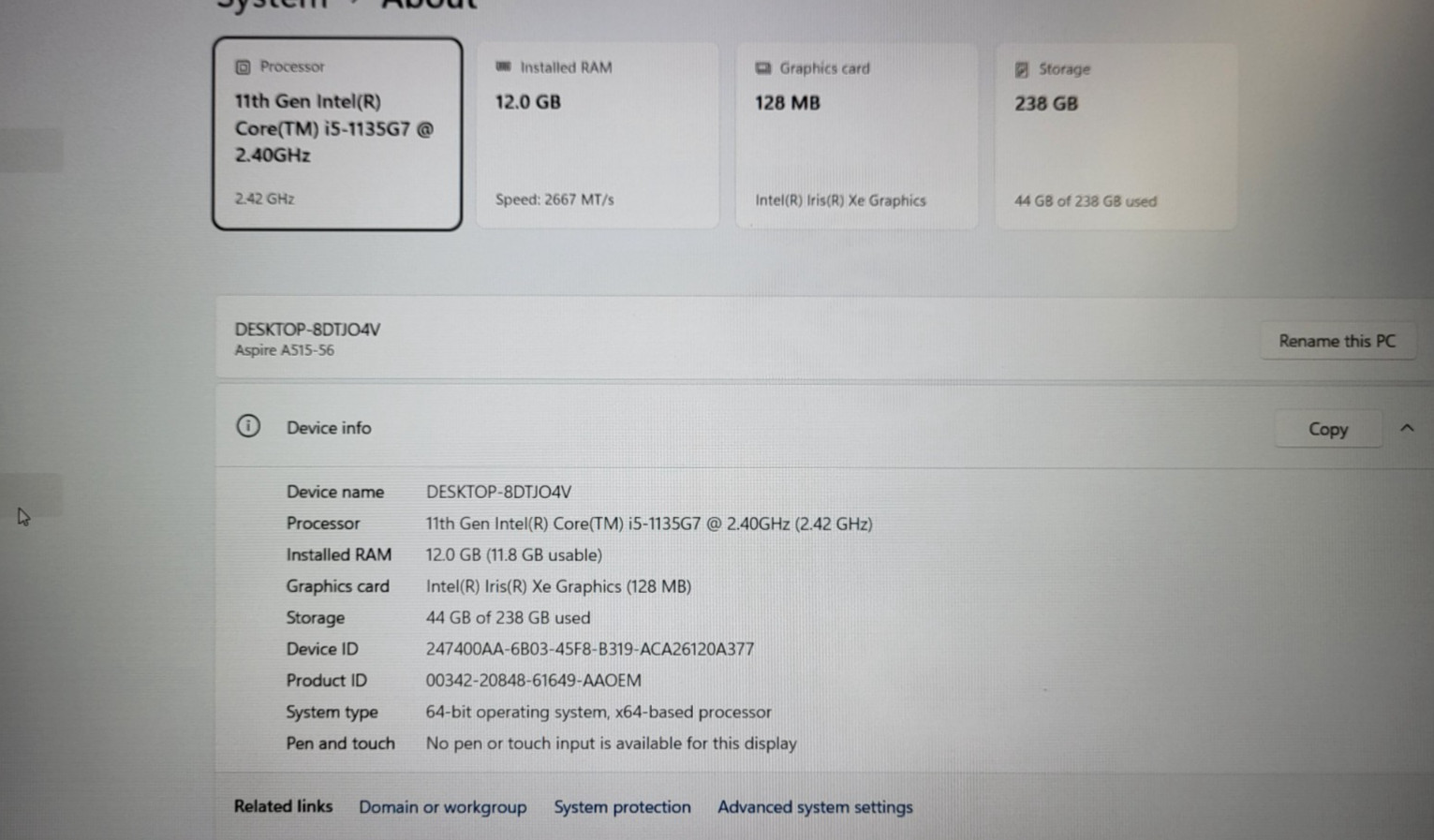 Acer Aspire 5 A515-56 Intel i5 11th Gen 12GB / 256GB 15.6″ Laptop