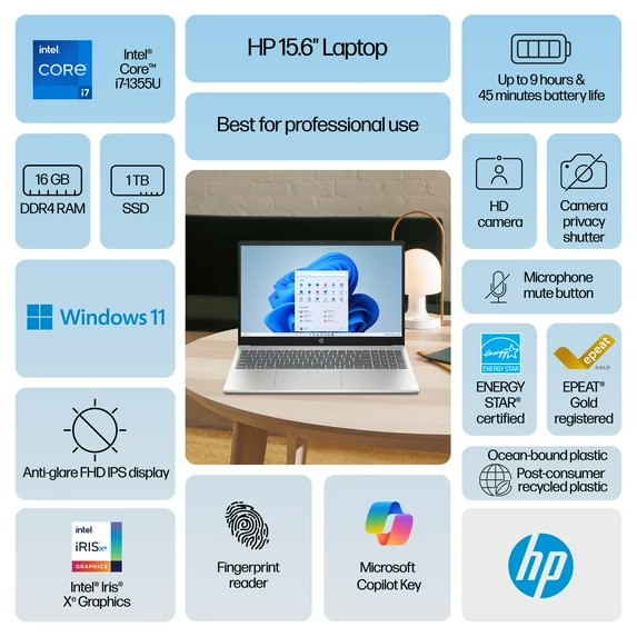 HP 15.6″ FHD Intel i7-1355U Intel Iris Xe Graphics 16GB RAM 1TB SSD Laptop NEW💥