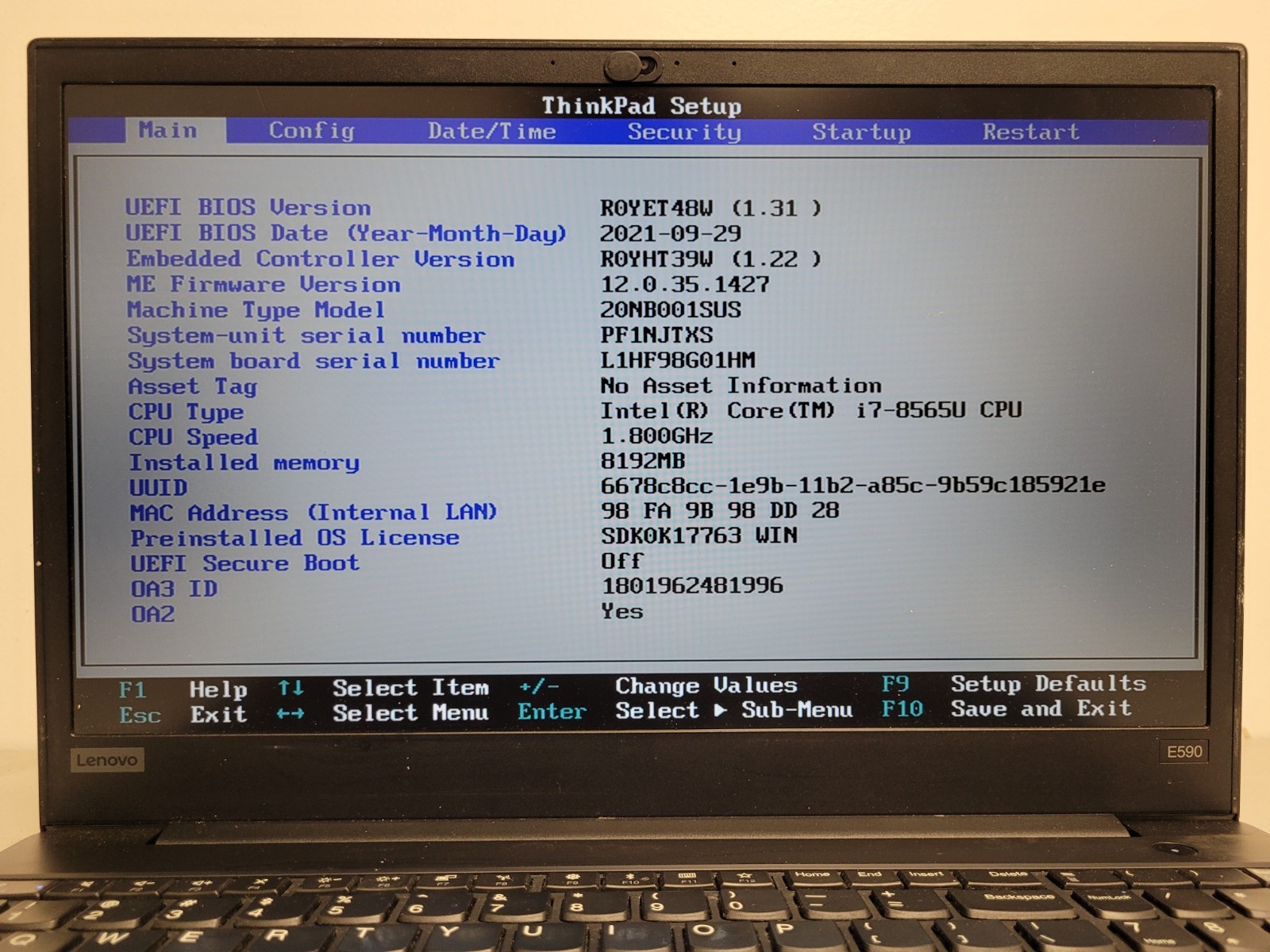Lenovo ThinkPad E590 15.6″ i7-8565u 1.8ghz 8gb ram 512gb ssd w11p PF1NJTXS