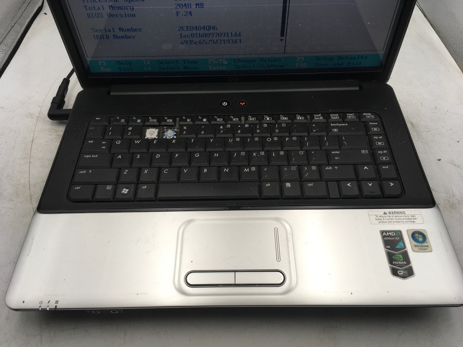 HP G50 109NR NOTEBOOK – BOOTS TO BIOS – AMD ATHLON DUAL CORE – 2GB RAM – READ-BB