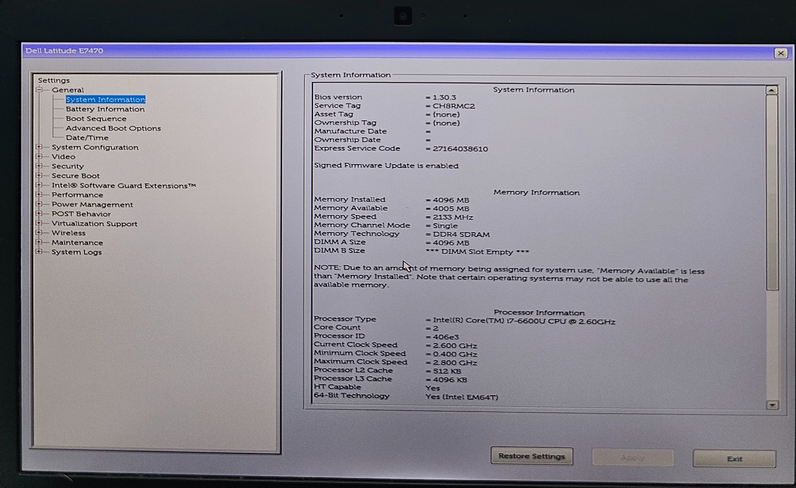 Dell Latitude E7470 14″ Laptop Intel Core i7-6600U 4GB Ram NO HD/OS/BATT (FL)