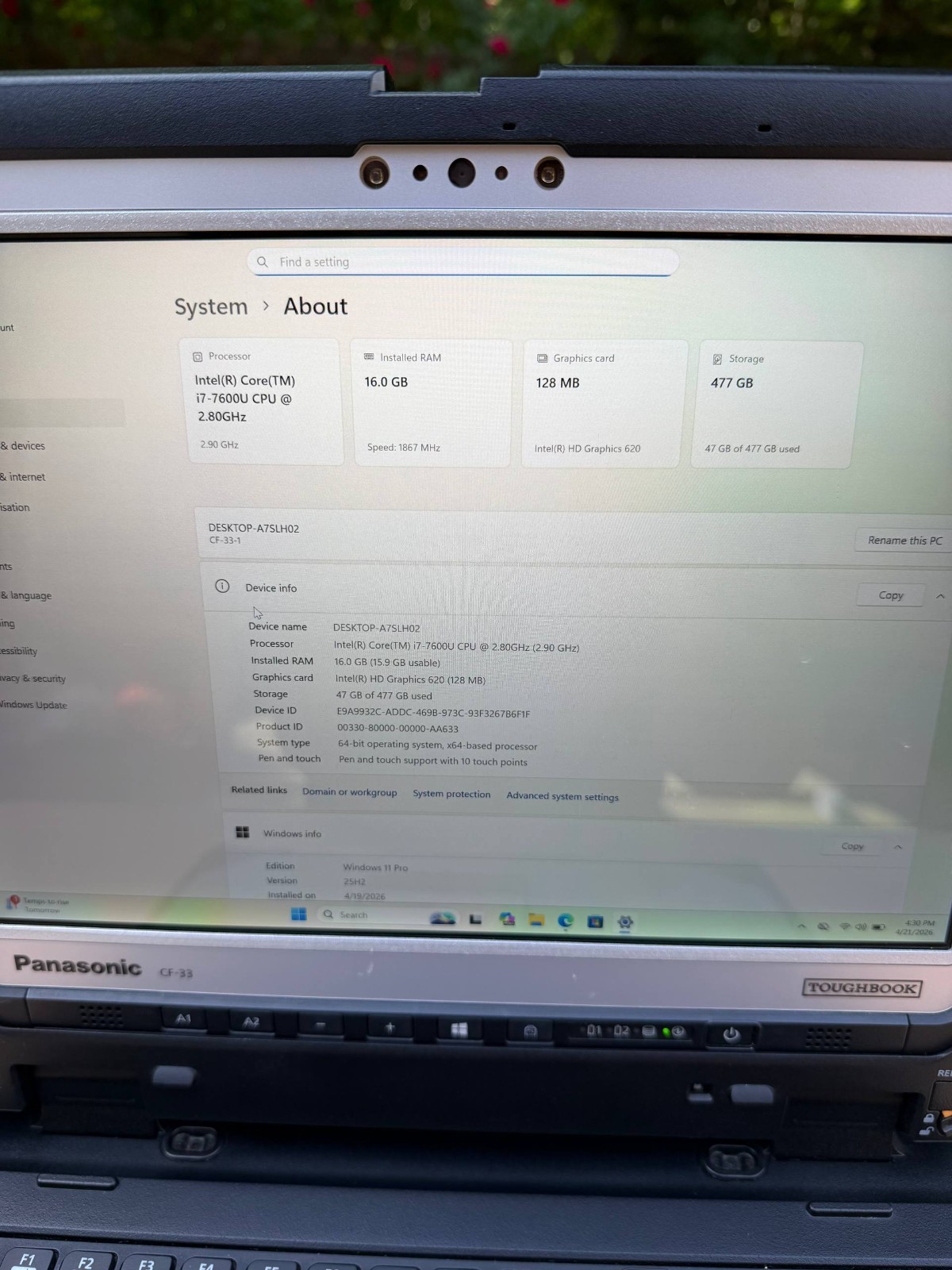 Panasonic Toughbook CF-33 i7-7600 16GB 512GB SSD Win11pro LTE /dGPS/Barcode