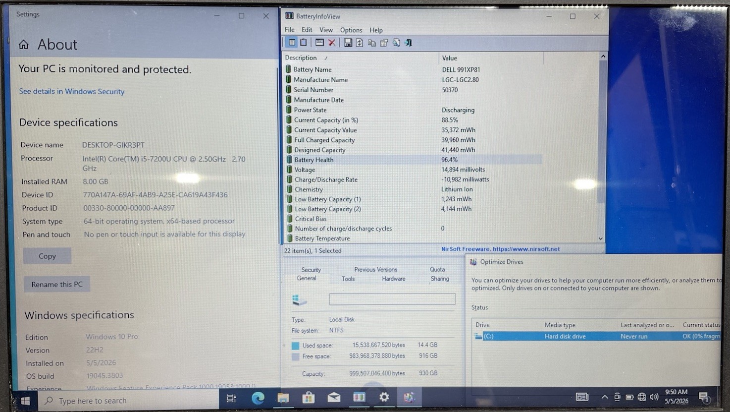 Dell Inspiron 5566 15.6”, Intel Core i5-7200U@2.50GHz 8GB RAM, 1TB HDD, W10