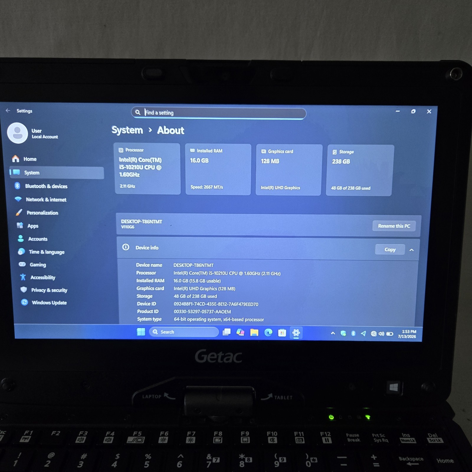 Getac V110 G6 Rugged Toughbook i5-10210U 1.60GHz 256GB SSD 16GB – Win11 Grade B