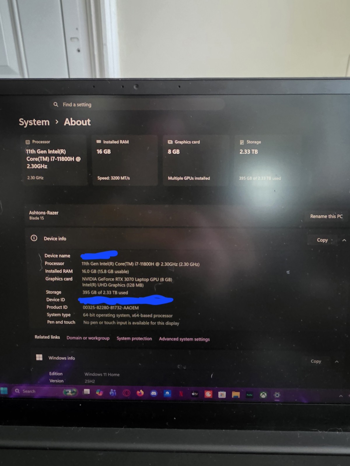 Razer Blade 15 15in i7-11800H 16GB RTX 3070 2.33TB SSD Win 11