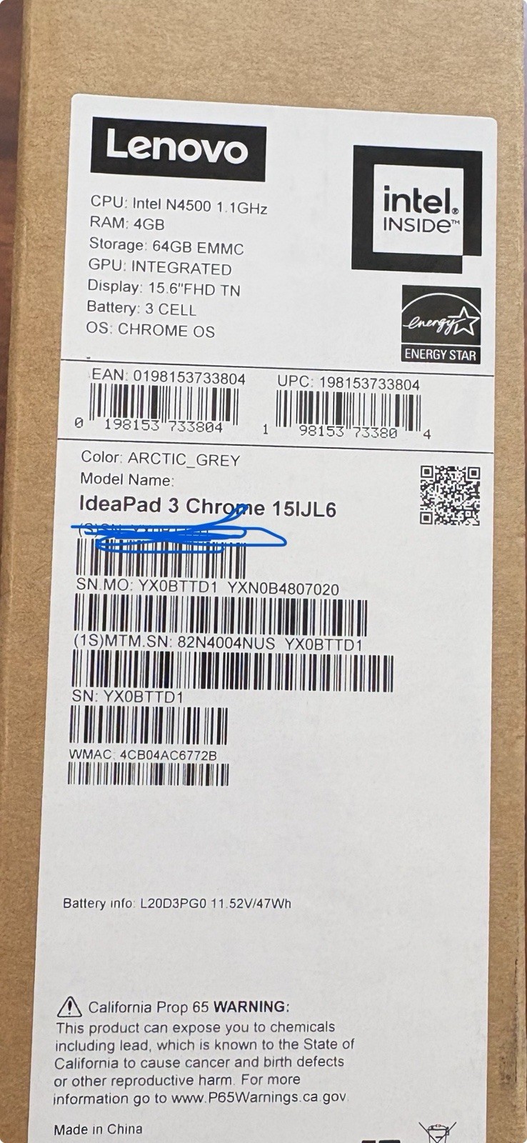 Lenovo IdeaPad 3 Chromebook 15IJL6 15.6” FHD Intel N4500 4GB 64GB eMMC Gray