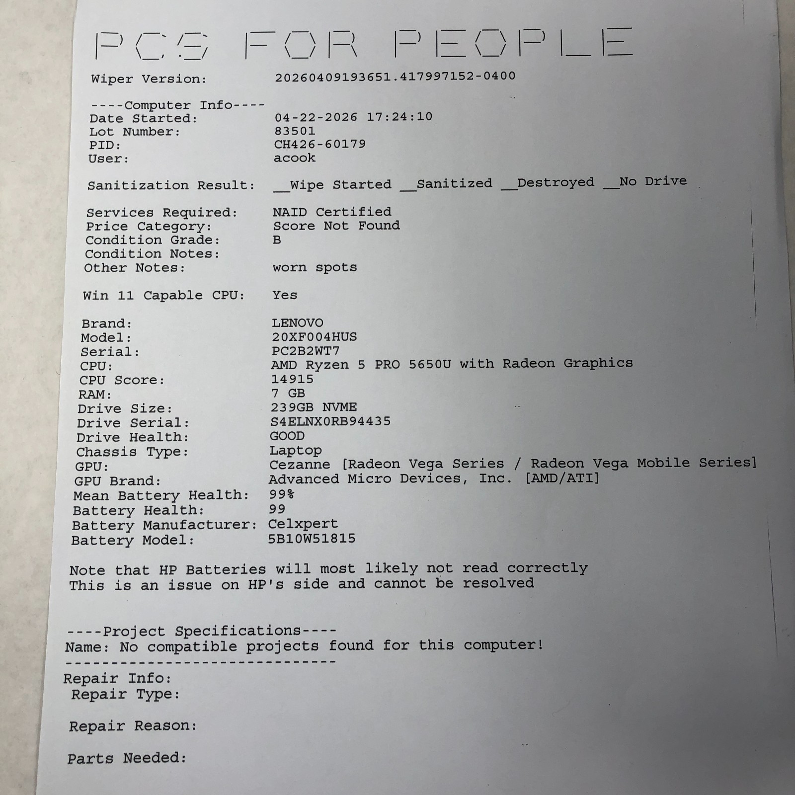 Lenovo ThinkPad T14s Gen 2 AMD Ryzen 5 PRO 5650U 8GB RAM 256GB SSD NO OS