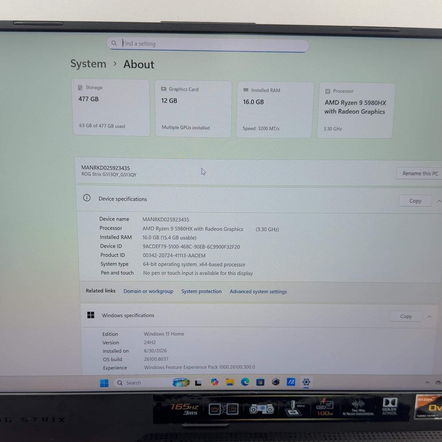 Asus ROG Strix G15 G513QY 15.6″ Ryzen 9 5980HX 16GB RAM 512GB SSD READ
