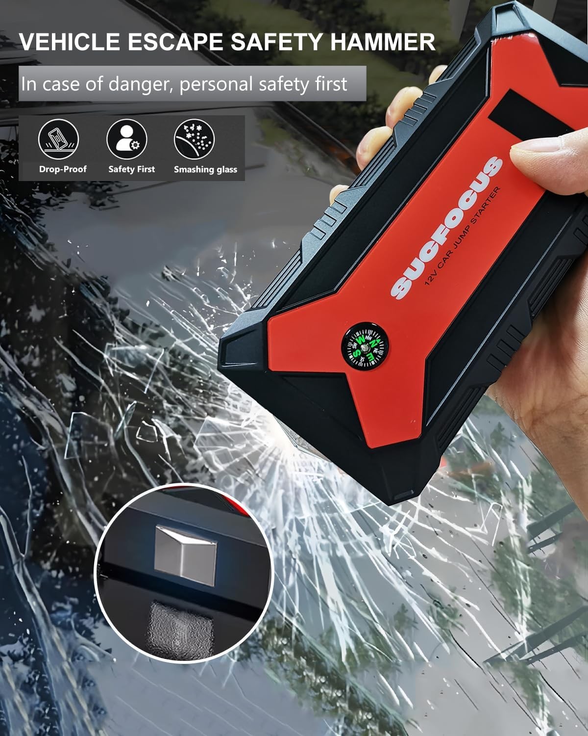 Portable Car Jump Starter 2500A for 8.0L Gas/7L Diesel, LED Light, USB QC3.0