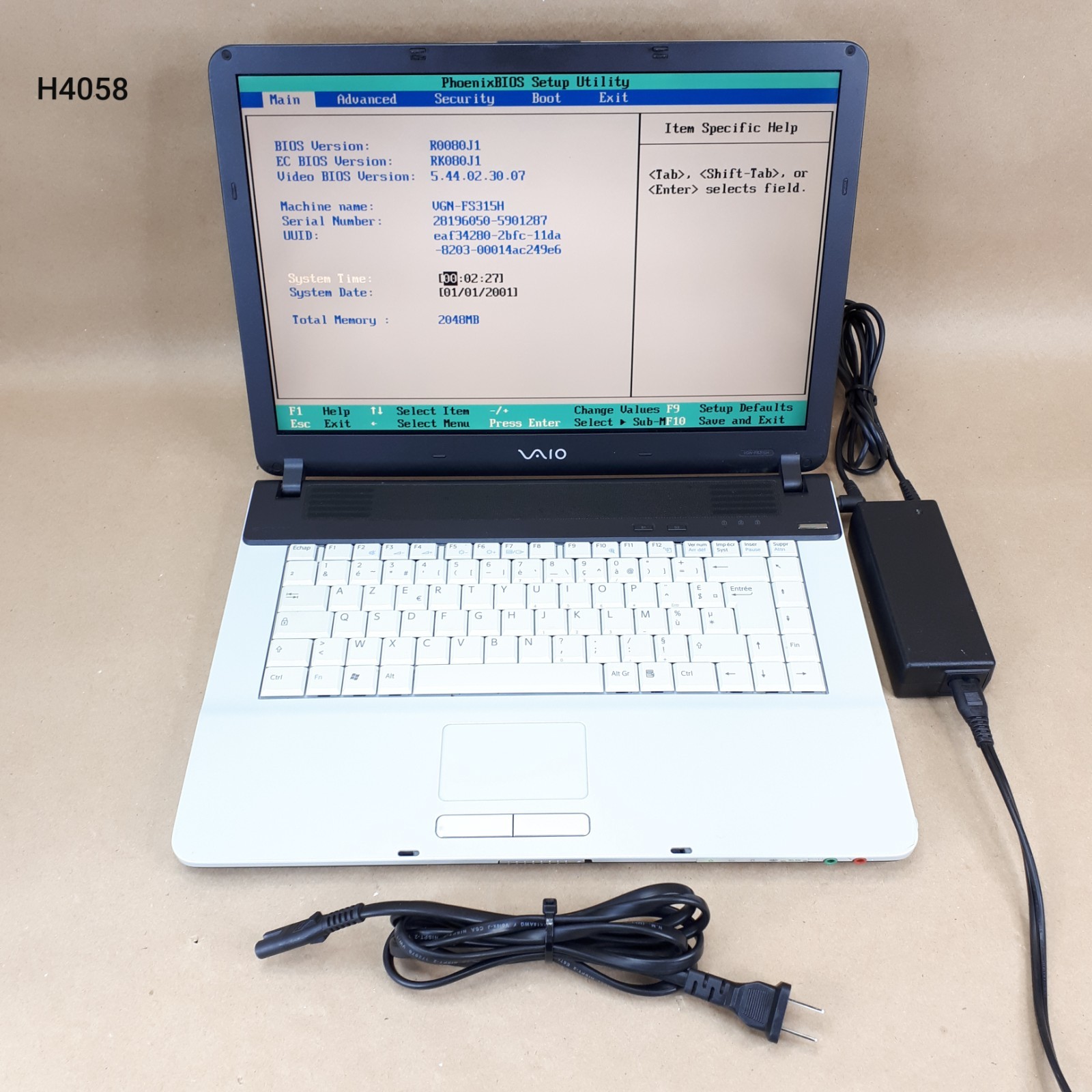Sony VAIO VGN-FS315H 15.4″ Laptop Pentium M740 Boot/BIOS 2GB RAM No HDD/Battery