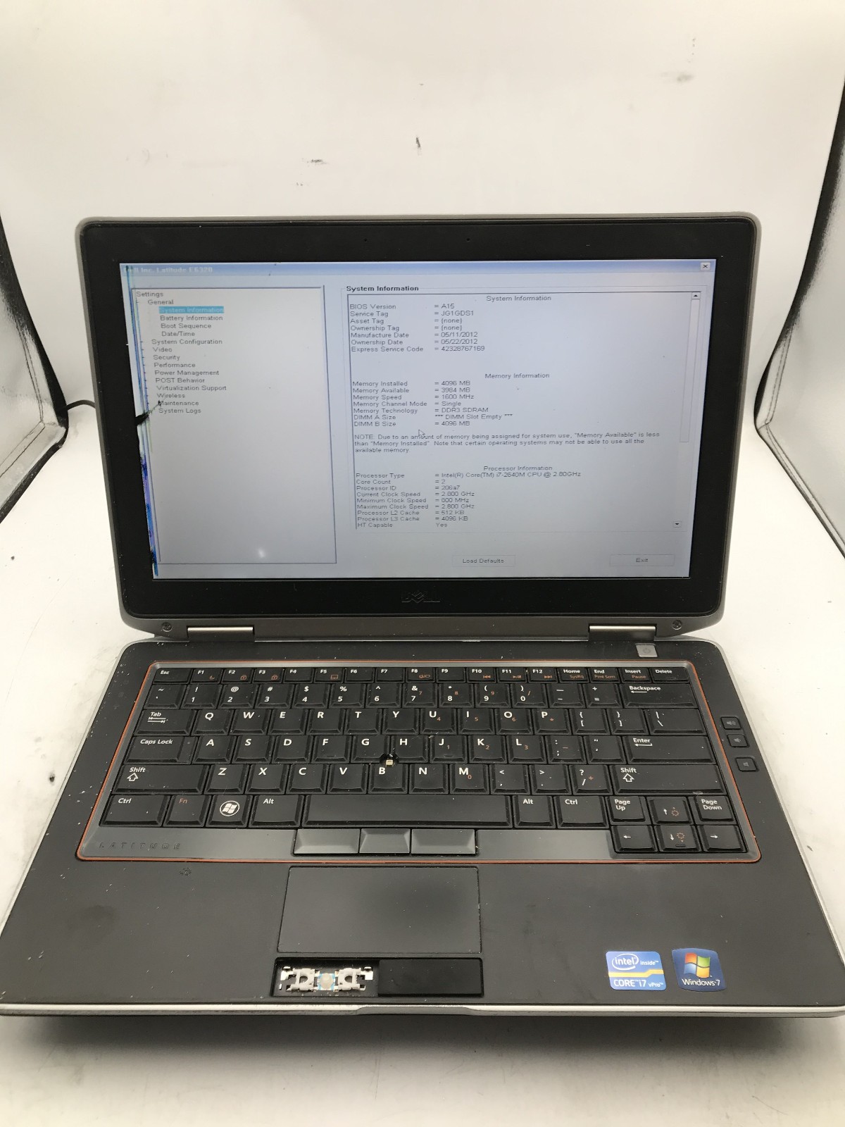 DELL LATITUDE E6320 – BOOTS TO BIOS – INTEL I7 2640M – NO RAM – READ DESC – BB!