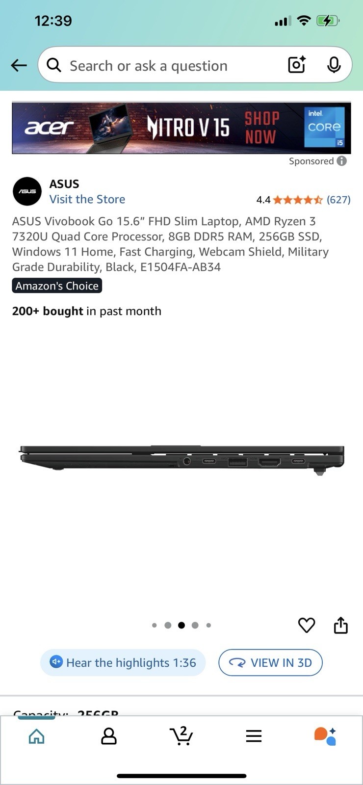 ASUS Vivobook Go 15.6” FHD Slim Laptop, AMD Ryzen 3 7320U