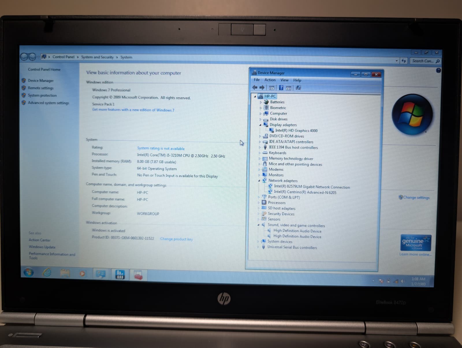 HP EliteBook 8470P | i5 3rd Gen 8GB RAM 250GB HDD | Windows 7 Pro DVD Drive