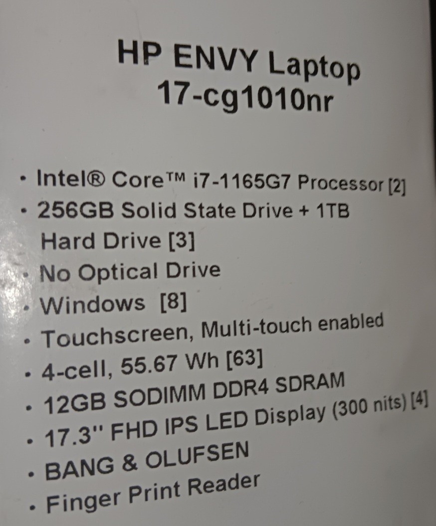 HP ENVY LIKENEW COMPUTER NTEL CORE I7-1165G7 | 1TB CMOS ISSUE