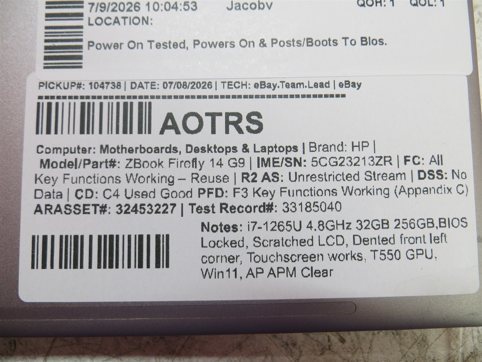 BIOS Locked HP ZBook Firefly 14 G9 Laptop Intel i7-1265U 4.8GHz 32GB 256GB T550