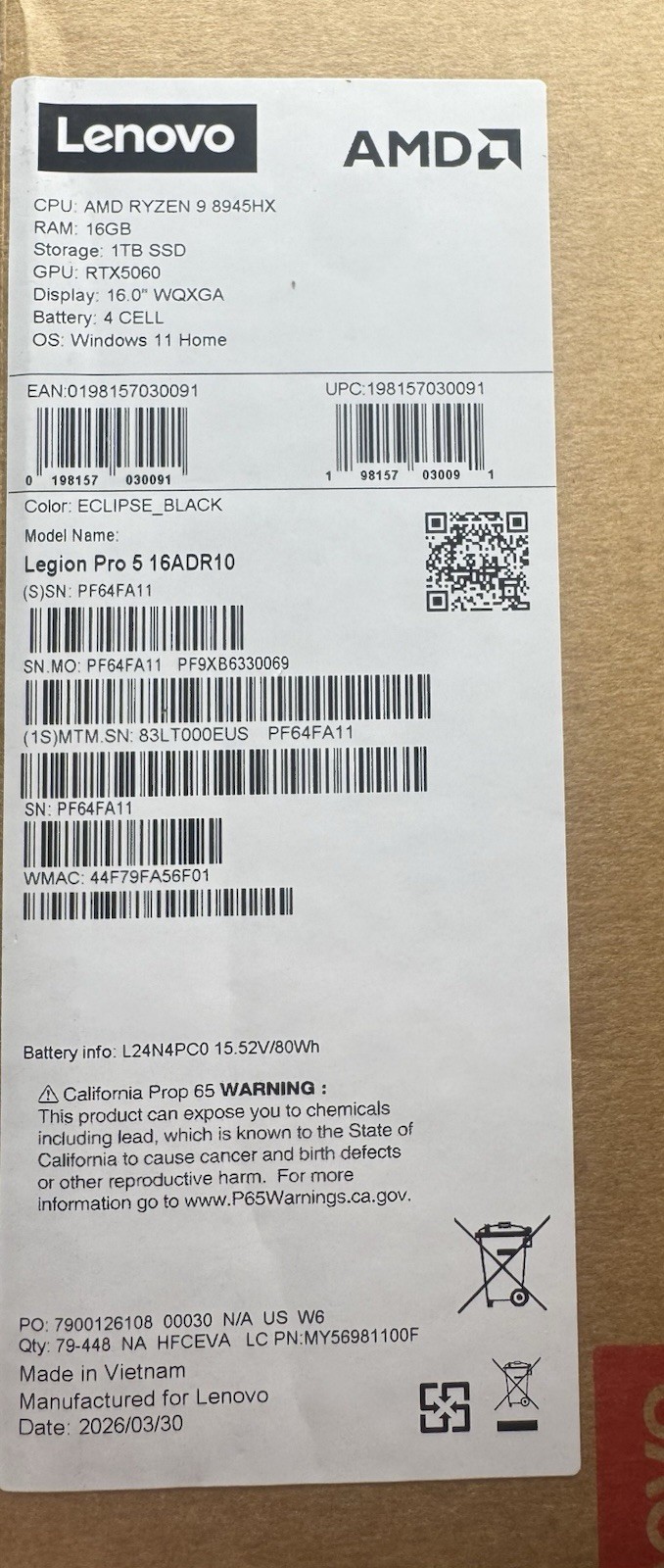 Lenovo Legion Pro 5 16ADR10 16″ 2560×1600 R9 8945HX 16GB 1TB RTX5060