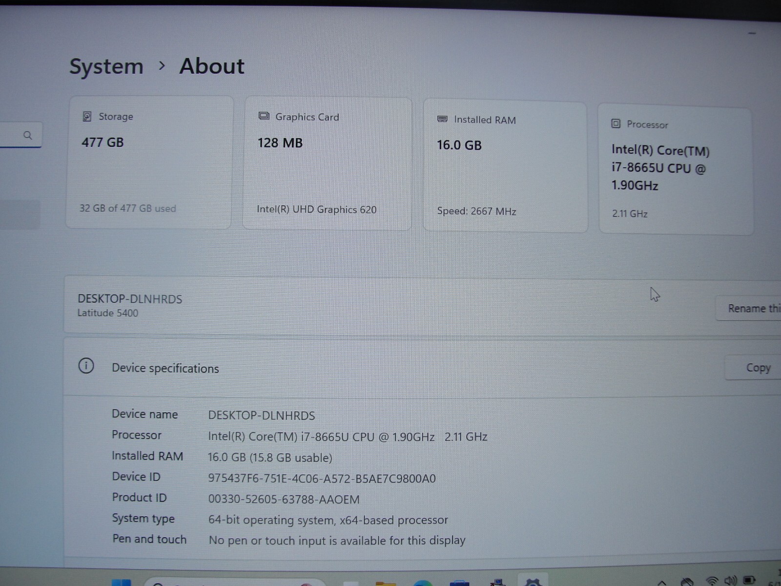 Dell Latitude 5400 14”FHD Intel Core i7-8665U 1.9GHz 16GB 512GB SSD +Charger
