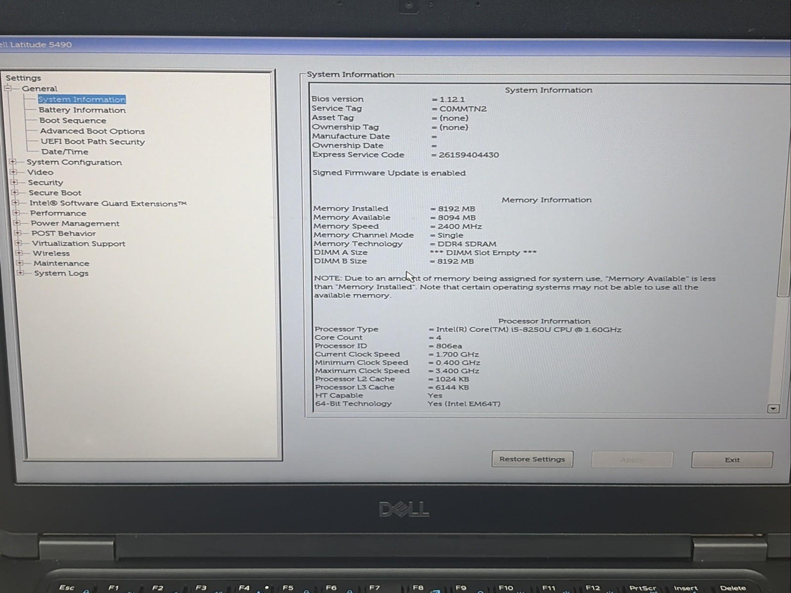 Dell Latitude 5490 14″ FHD i5-8250u 8GB RAM No Battery/OS/SSD