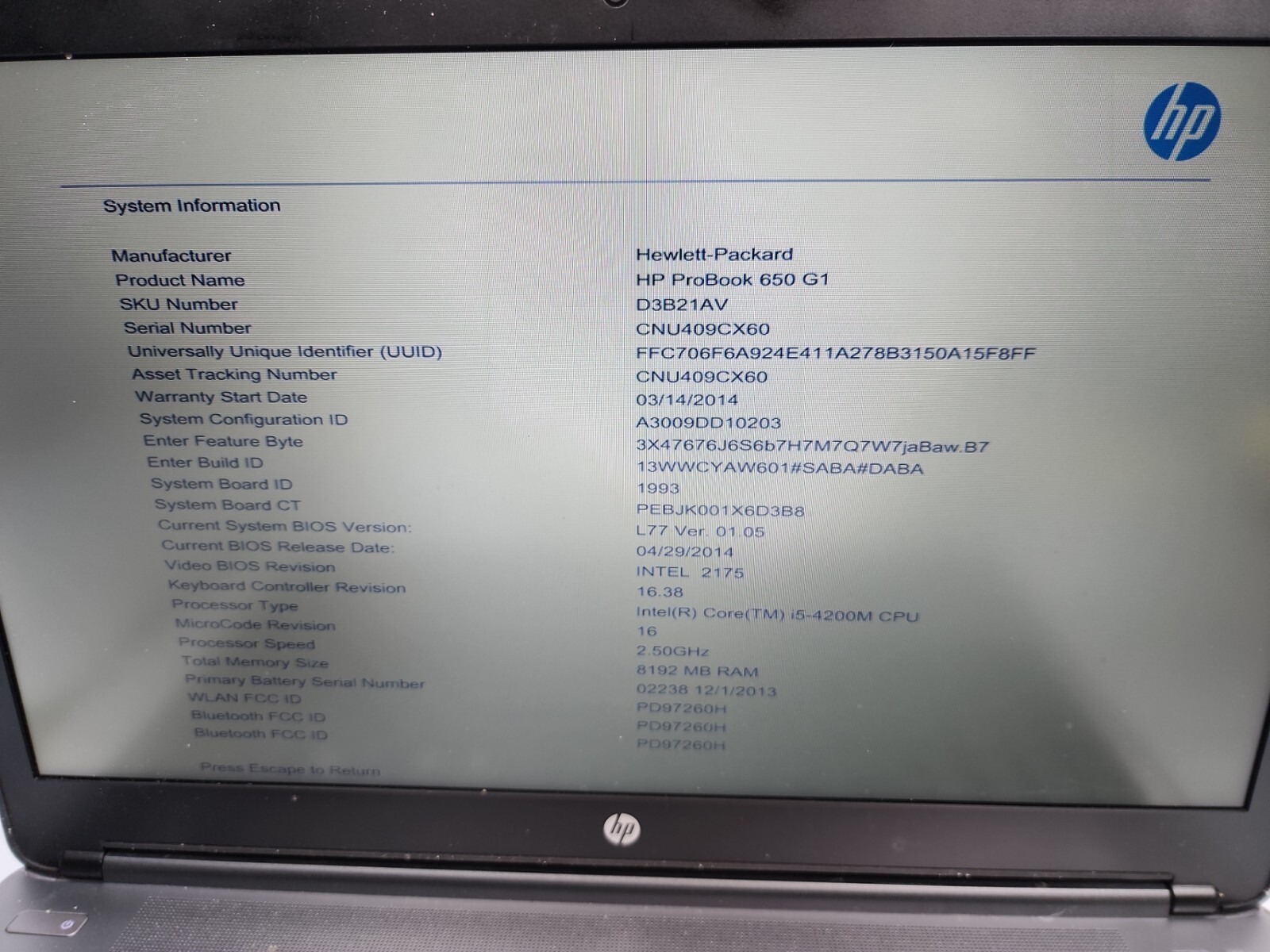 HP PROBOOK 650 G1 15.6” ~ i5-4200M 2.5Ghz ~ 8GB ~ NO HDD READ #F3