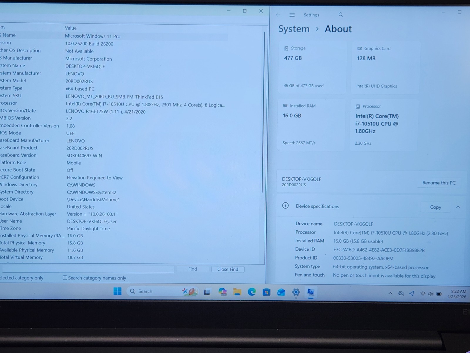 Lenovo ThinkPad E15 15.6″ FHD Intel i7-10510U 1.8Ghz 16GB RAM 512GB SSD W11P