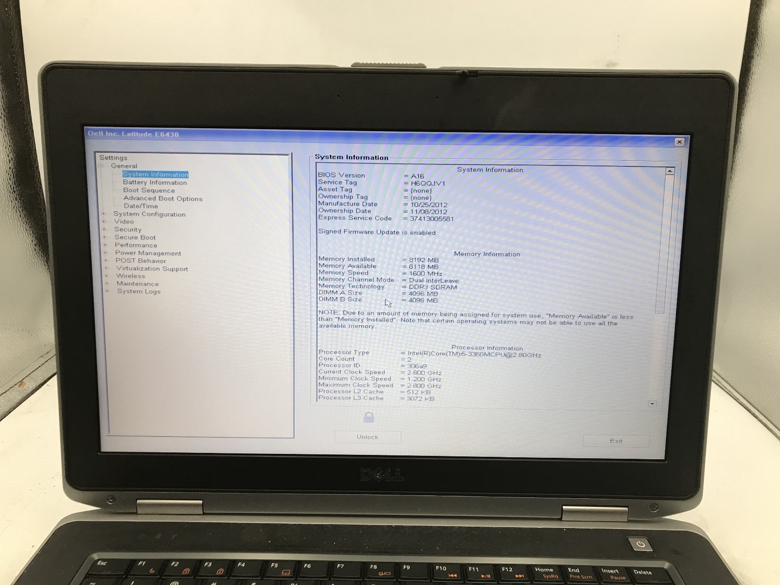 DELL LATITUDE E6430 – BOOTS TO BIOS/LOCKED – INTEL I5 3360U – 8GB RAM – READ -BB