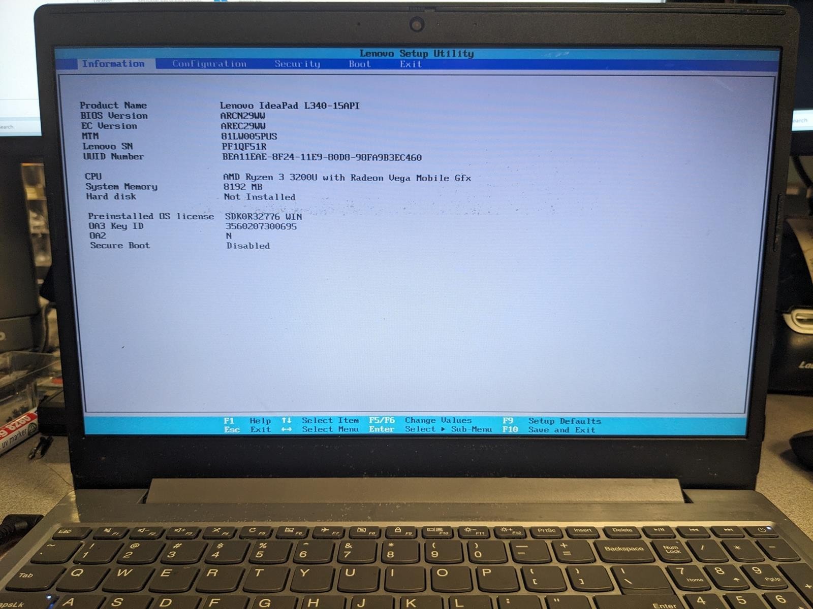 LENOVO IDEAPAD L340-15API AMD RYZEN 3 3200U @ 2.60GHz, 8GB RAM, NO HDD/OS