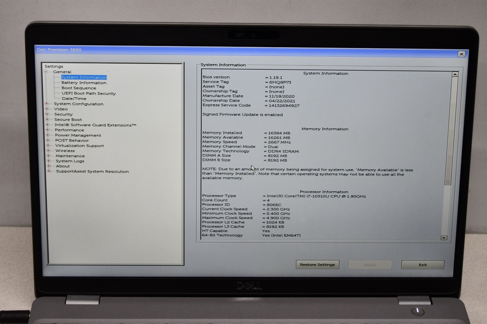 ^ Dell Precision 3550 15.6″ Intel i7-10510U @ 1.80GHz 16GB Ram No HD #X6995