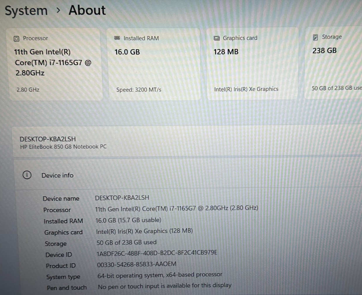 HP ELITEBOOK 850 G8 LAPTOP CORE i7-1165G7 @ 2.80 GHZ 16GB RAM 238GB SSD (lp698)