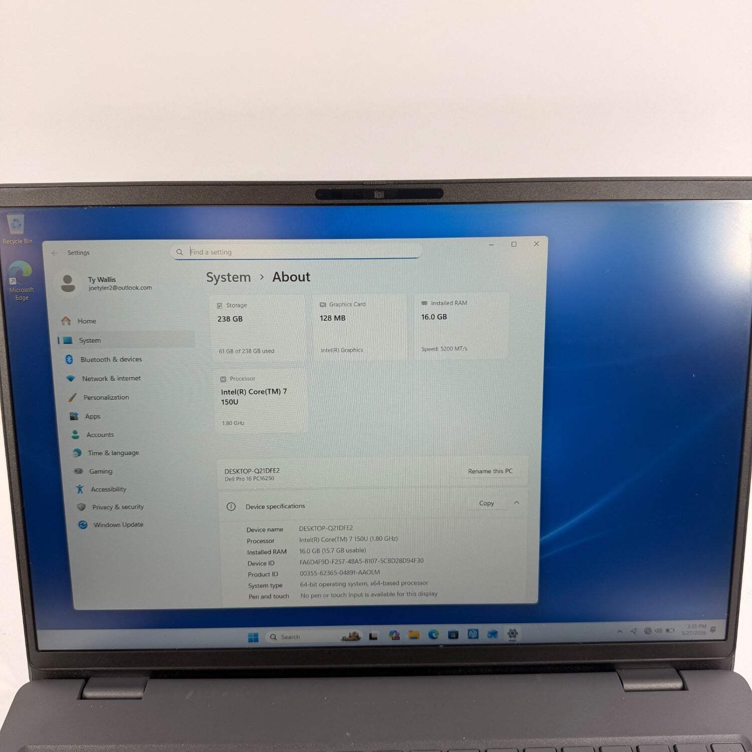 Dell Pro 16 PC16250 16″ Core 7 150U 2.0GHz 16GB RAM 256GB SSD