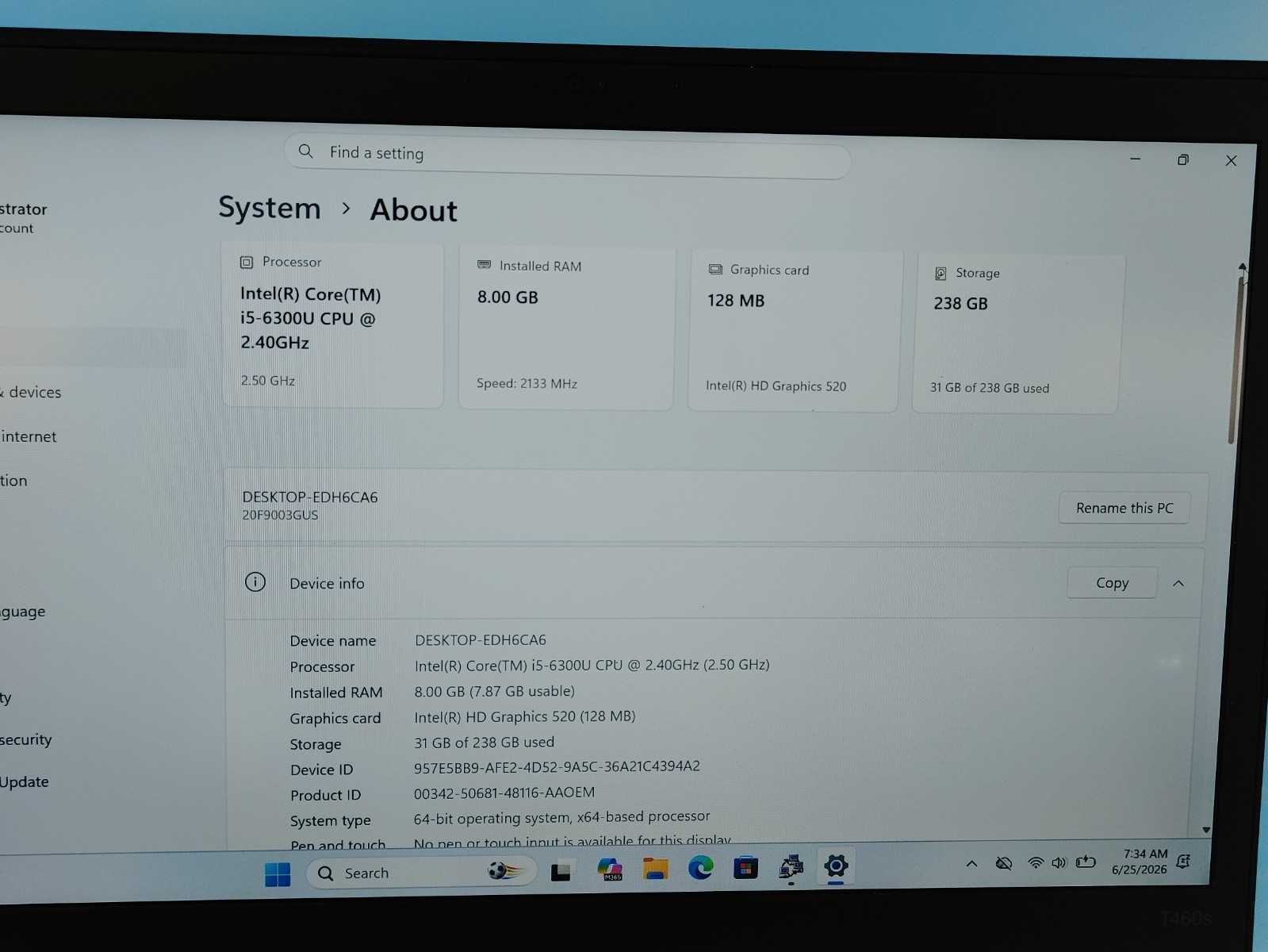 Lenovo T460S THINKPAD 14IN i5-6350U 2.4 8GB RAM 256GB SSD