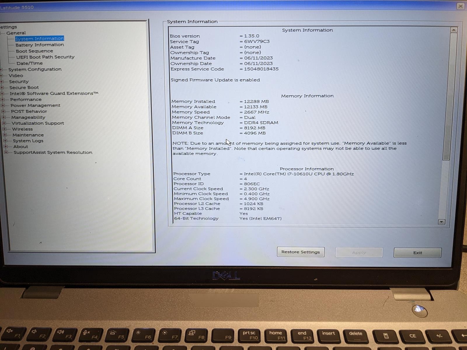 DELL LATITUDE 5510 i7-10610U @ 1.80GHz, 12GB RAM, NO HDD/OS