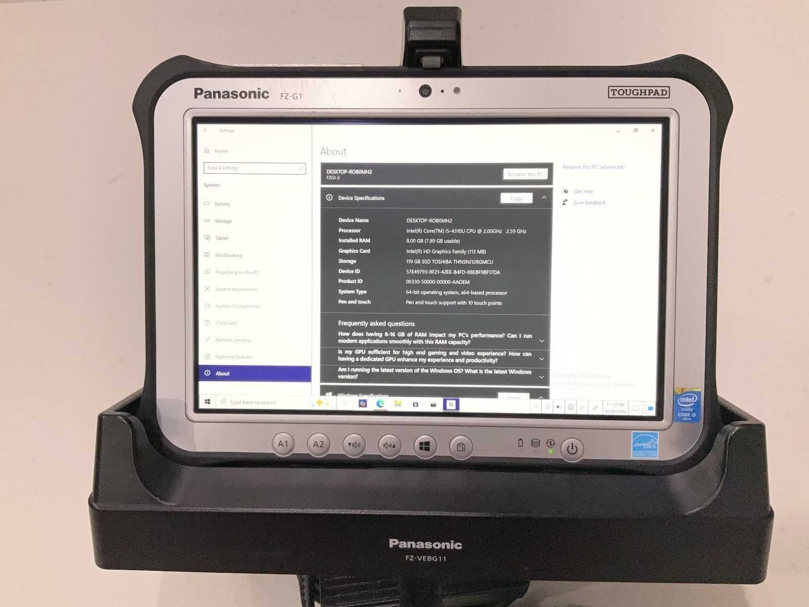 NICE PANASONIC TOUGHPAD FZ-G1 MK3 10.1″ Intel i5 *NO SSD* 8GB RAM GPS LTE STYLUS