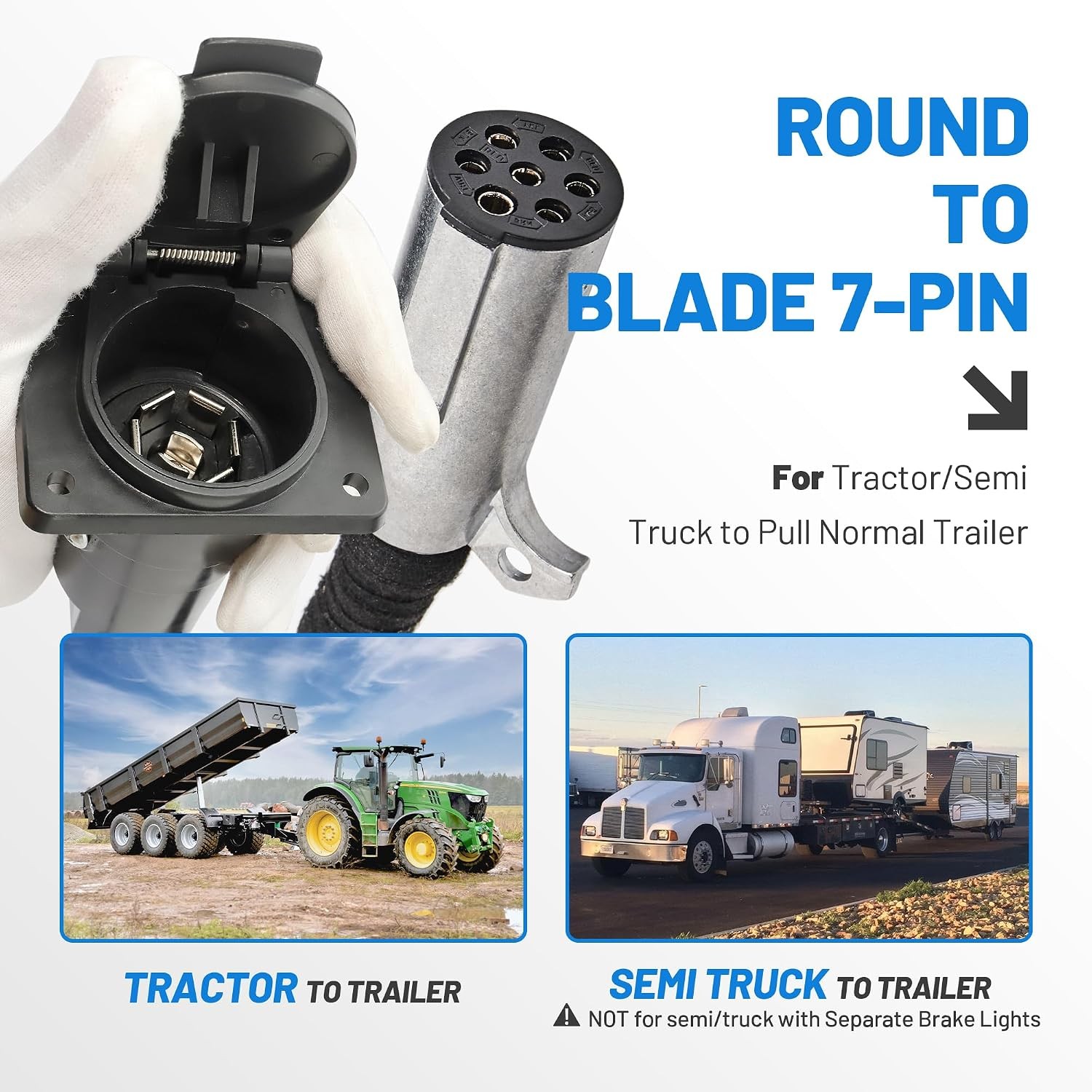 7 Pin round to 7 Pin Flat Adapter for Tractor Towing, 7 Pole round to 7 Way RV B