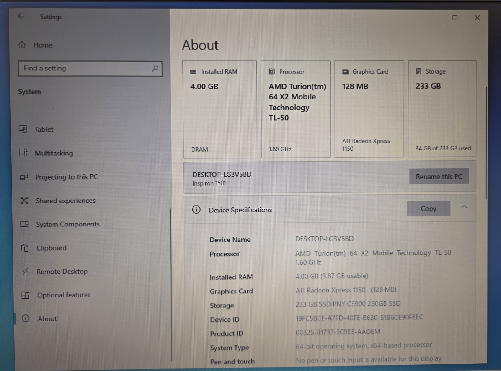 Dell Inspiron 1501, 15.4″, 4GB ram, 250GB SSD, Windows 10!