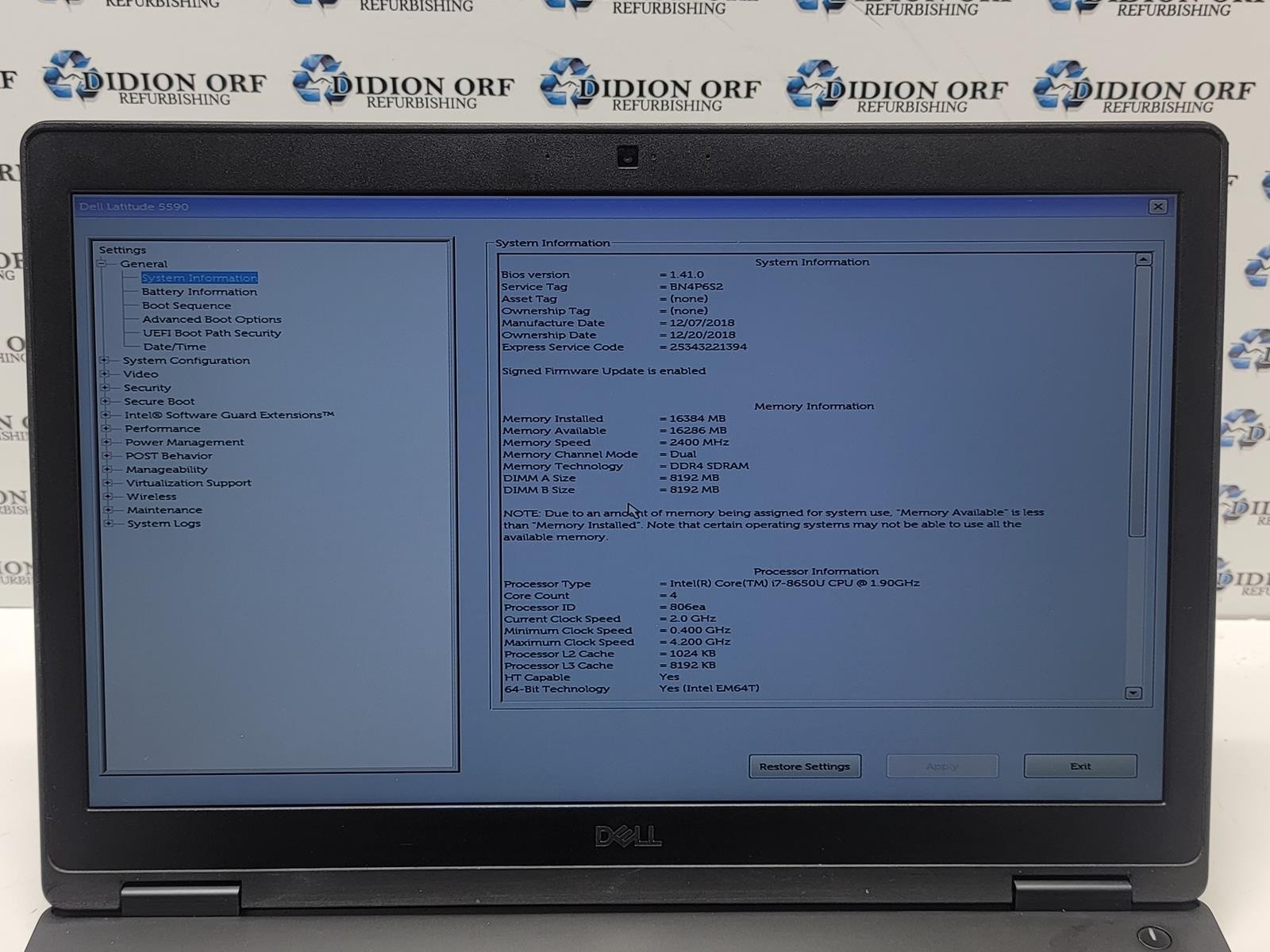DELL LATITUDE 5590 i7 8650U 1.90GHz 16 GB RAM 256GB SSD NO OS SKU 25178