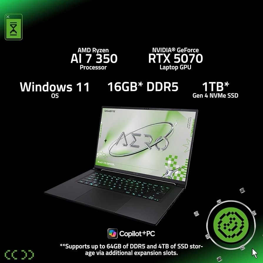 Gigabyte Aero X16 16″ WQXGA AMD Ryzen Al 7 350 16GB 1TB SSD RTX 5070 W11H Laptop