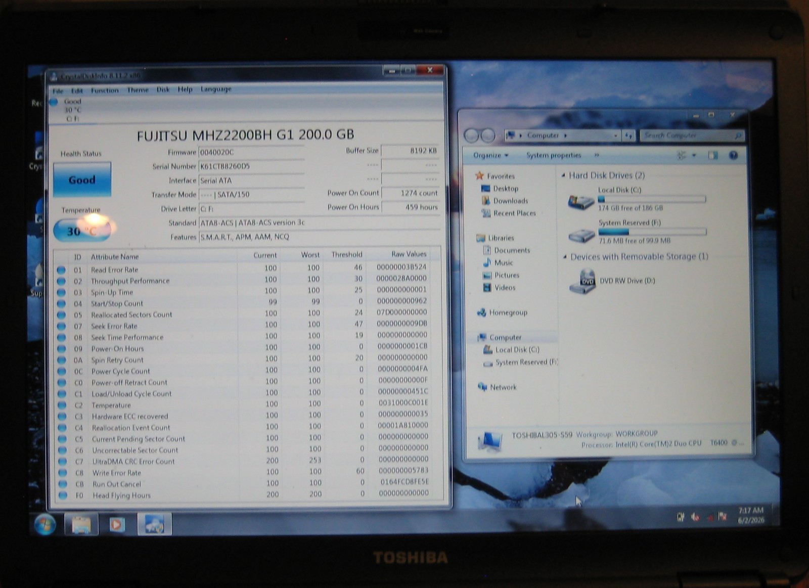 Toshiba Satellite L305-S5941 Laptop, Intel Core 2 Duo, 3GB RAM, 200GB HDD, Win 7