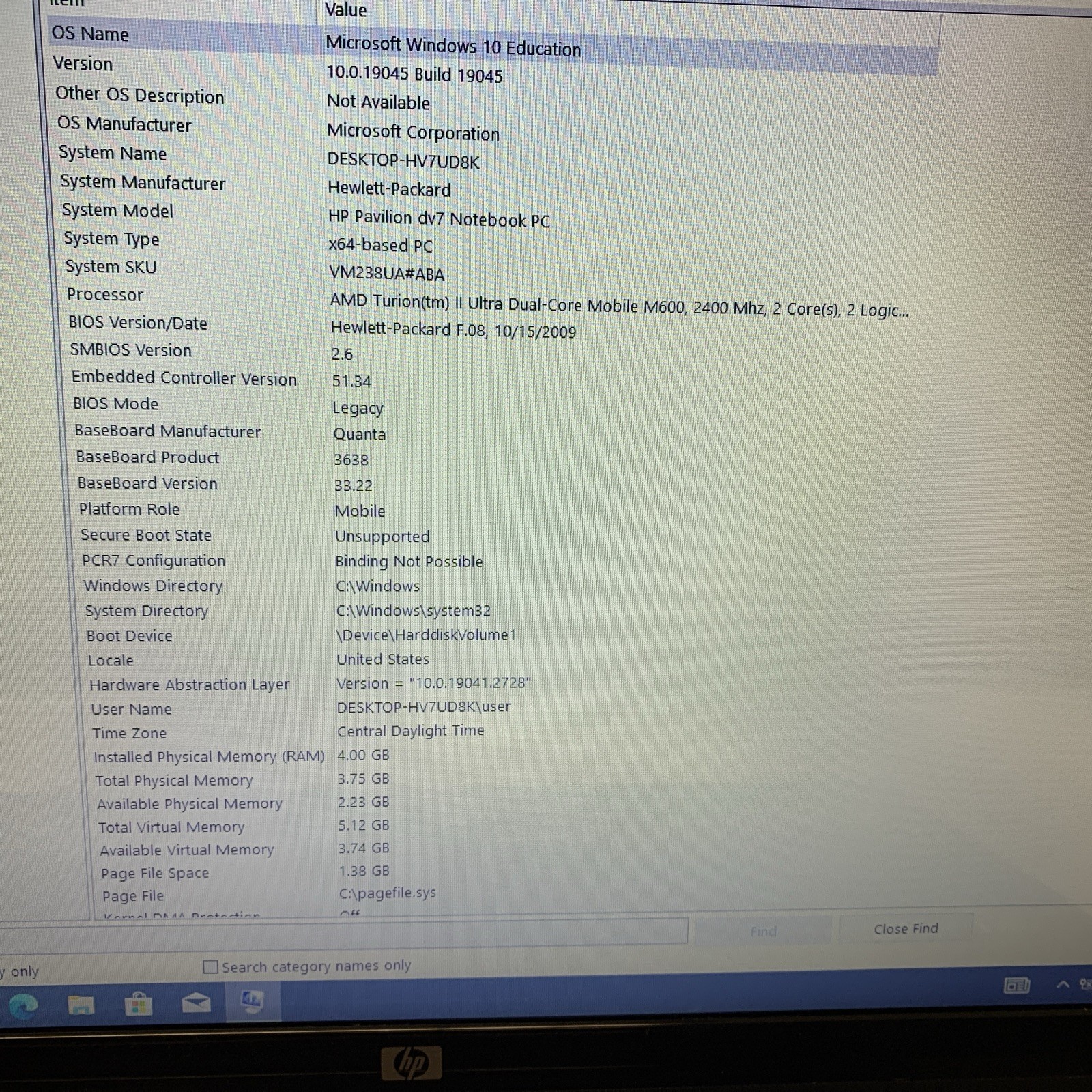 HP Pavilion DV7-AMD Turion Dual M600 24MHz 2GB RAM 128Gb SSD Wind 10 Ed Read Des