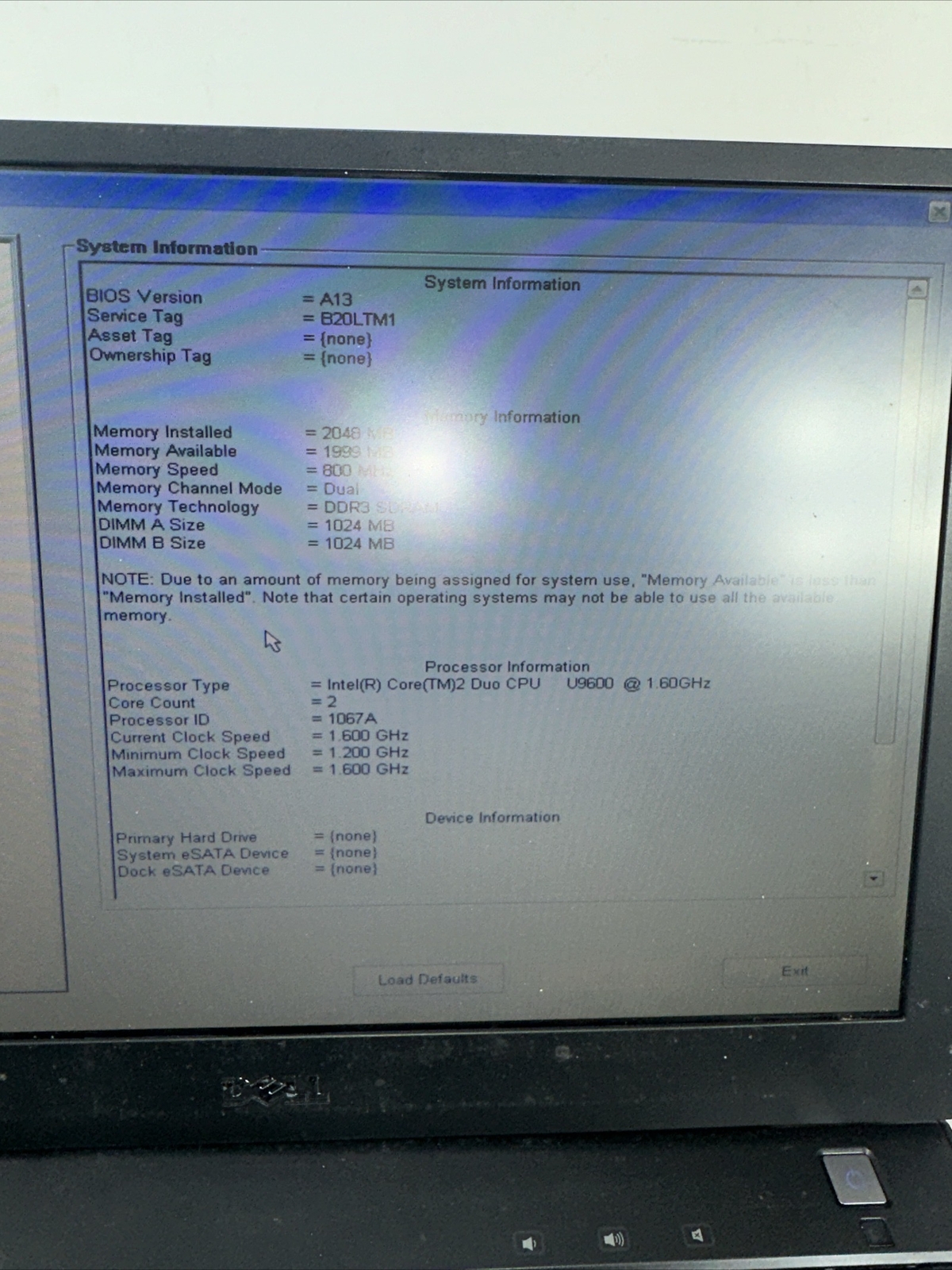 Dell Latitude E4200 Intel Core 2 DUO CPU U9600 @ 1.60GHZ / 2GB / NO Hard drive
