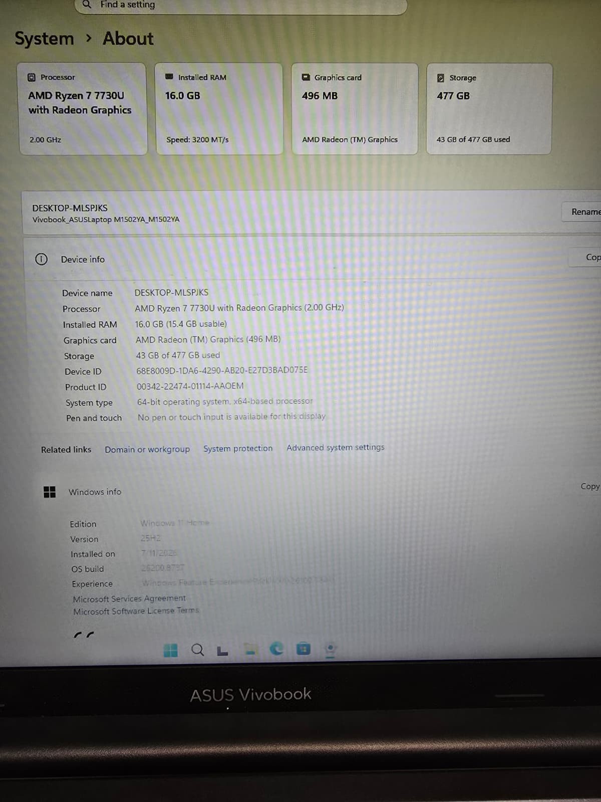 Asus VivoBook 15 M1502 | Ryzen 7 7730U 16GB RAM 512GB NVMe SSD | FHD Backlit