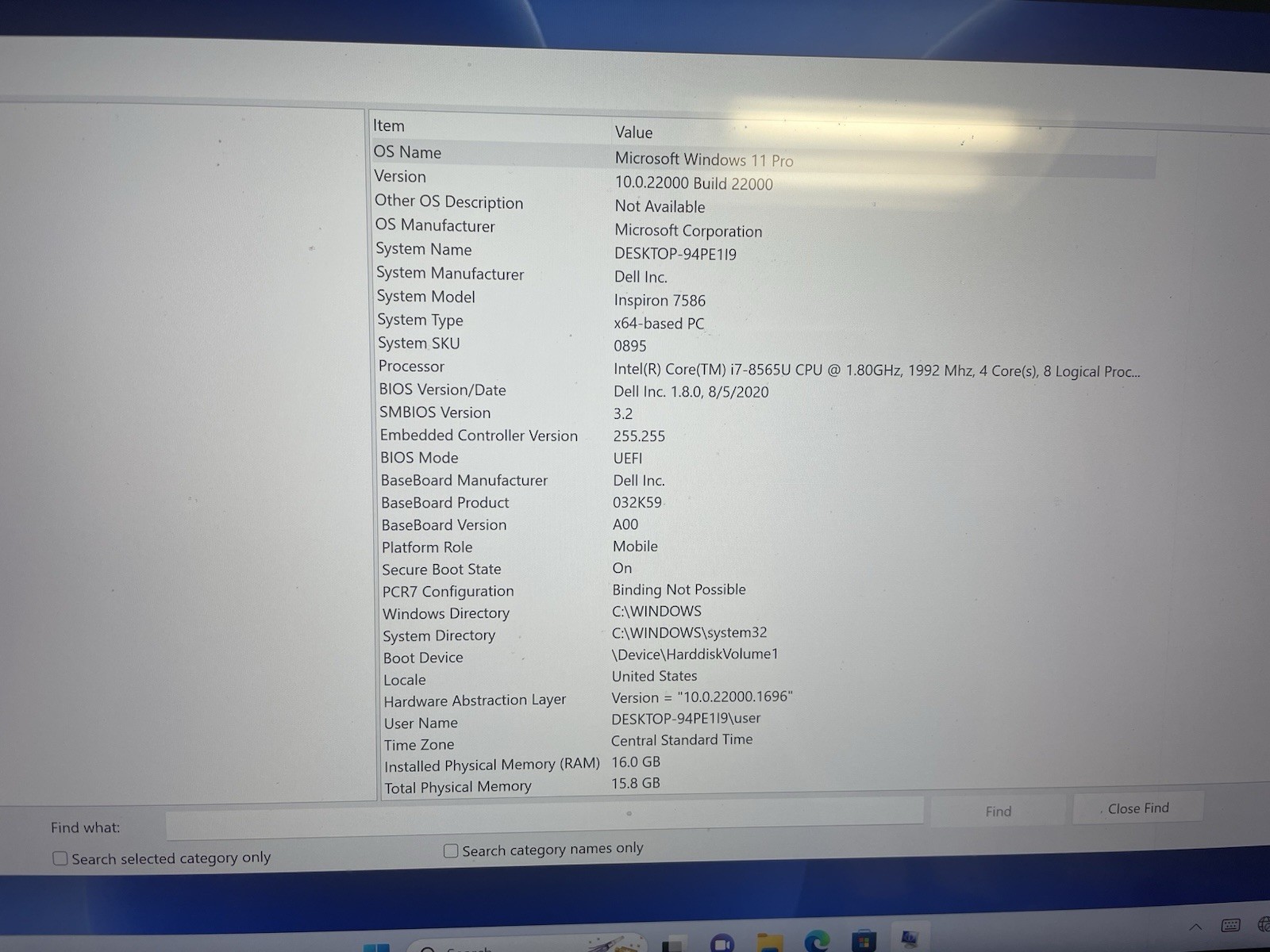 Dell Inspiron 7586 gaming laptop. Touchscreen 16GB RAM/512GB NVMe. NVIDIA MX150