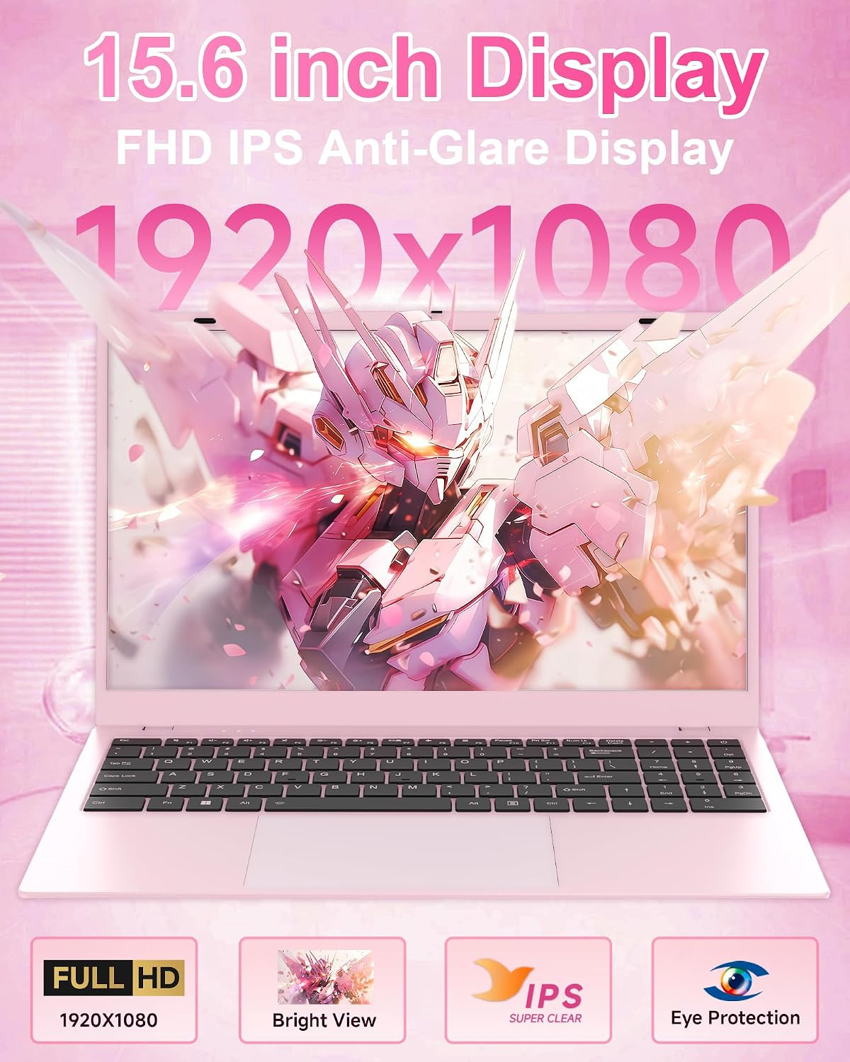 Pink Laptop Computer for Students, 15.6 Inch FHD IPS Display, 12GB RAM 256GB SSD